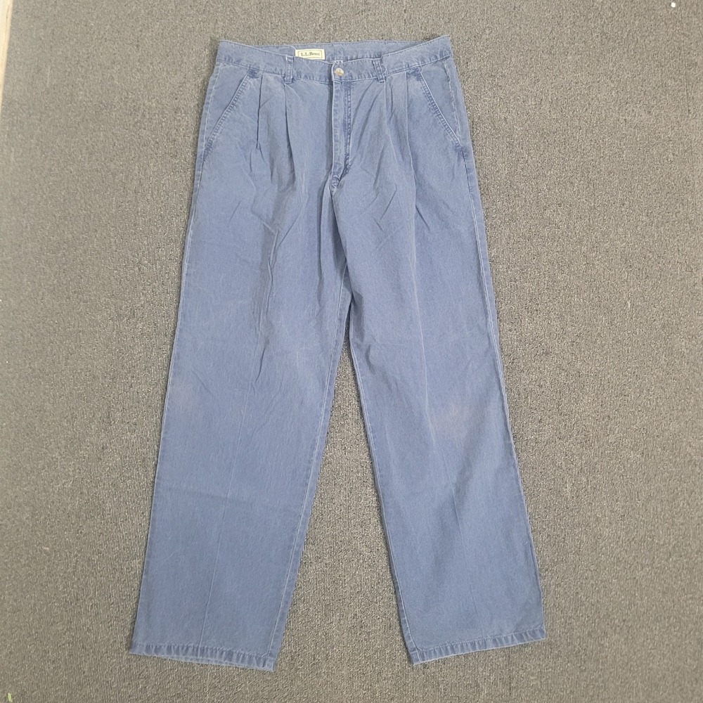 LL Bean 34x30 Pleated Chino Pants Mens Faded‎ Blue Straight Leg Cotton Twill